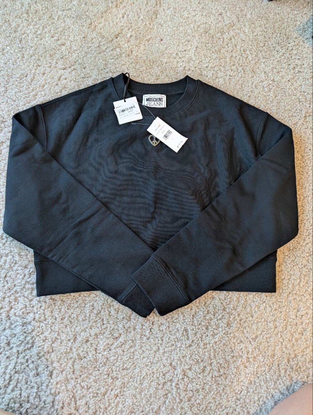 NWT Moschino Jeans Black Cropped Heart Logo Sweatshirt Size L